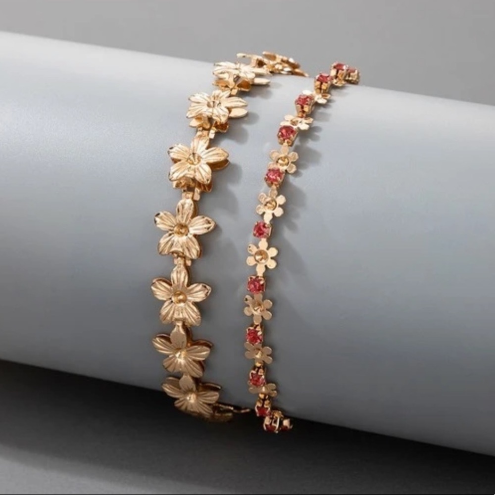 Gold Flower Rhinestone Gem Bracelet Set 2pc - Picture 2 of 5